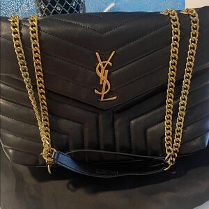 Yves Saint Laurent Black Chevron Bag with Gold Chain
